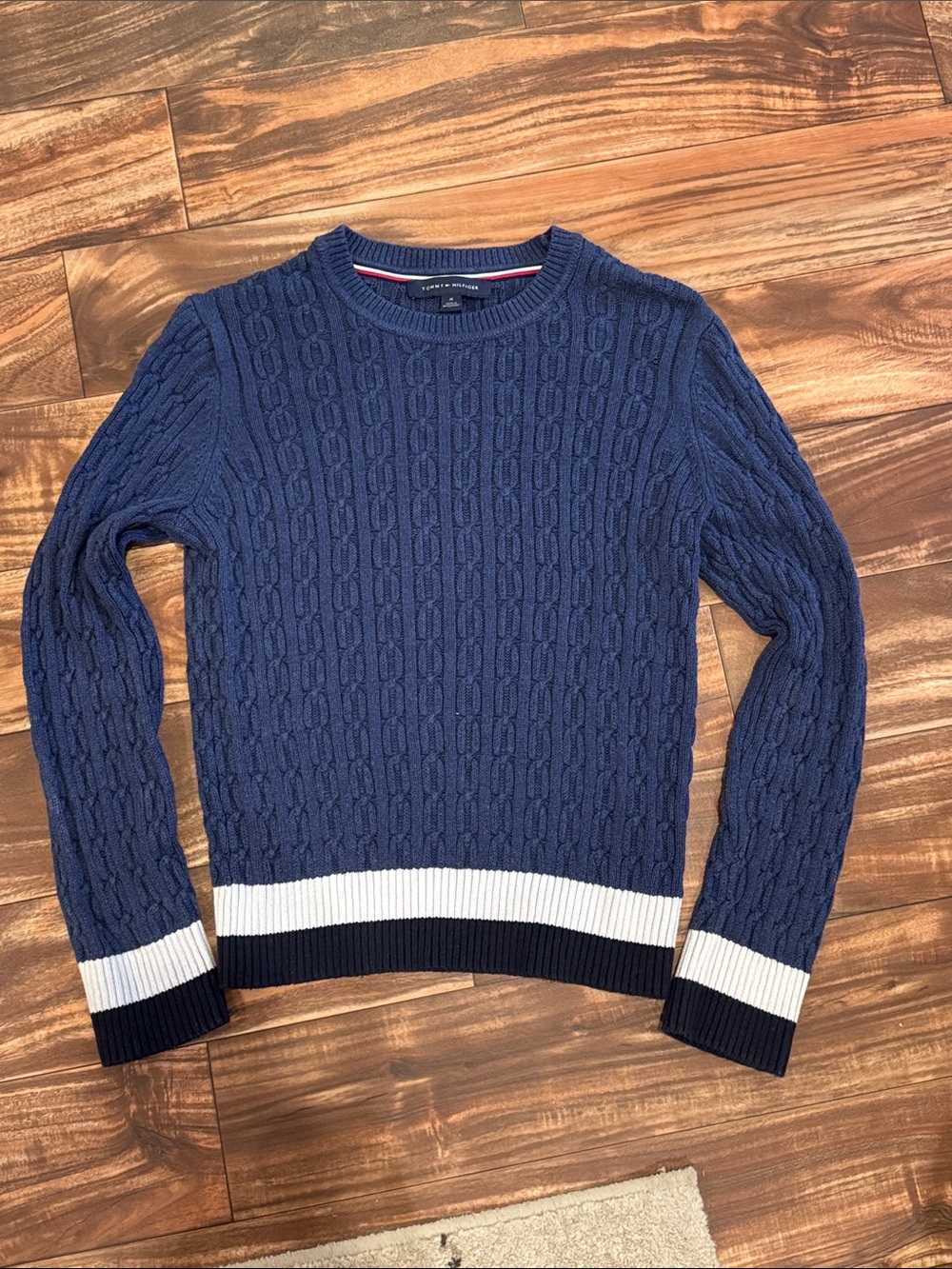 Tommy Hilfiger Navy Cable-Knit Crewneck Sweater with Navy & White Trim Size Med